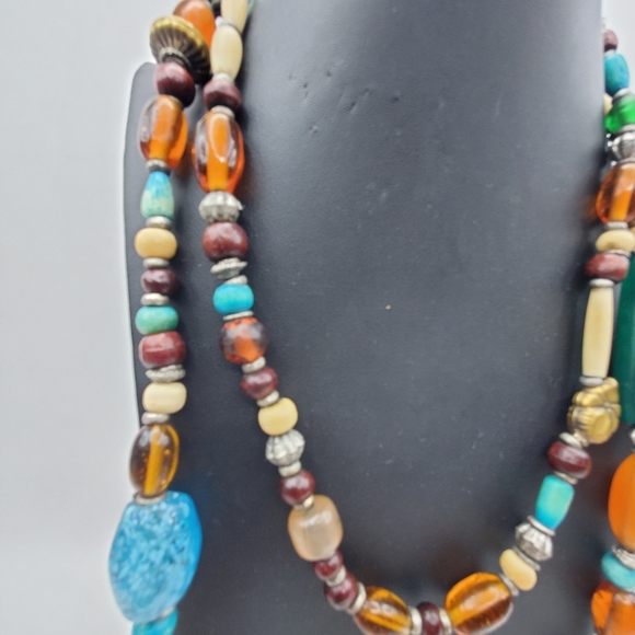 Multi Color Glass Beaded Necklace Single Strand Green Orange Metal 52" Long - Picture 5 of 5